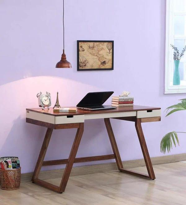 Veeti Solid Wood Study Table in White on Rustic Teak Finish - Ouch Cart