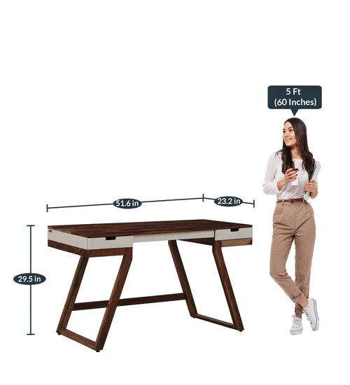 Merve Wood Study Table in White on Rustic Teak Finish - Ouch Cart