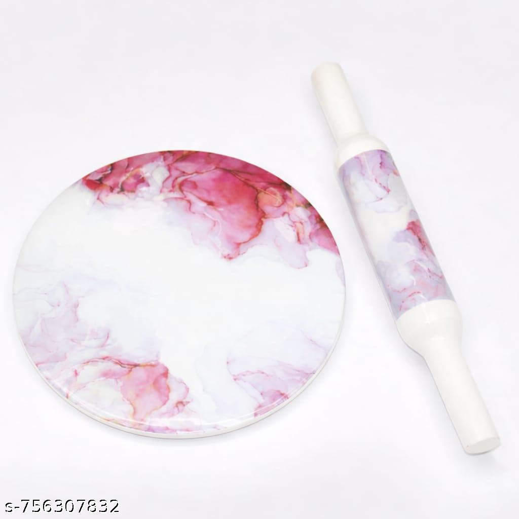 Indian Marble Printed Chakla/Rolling Pin Board/Roti Maker/Chakla/Chapati Maker for Home & Kitchen | Finished Marble Roti Maker (10 Inch) (White pink chakla belan)