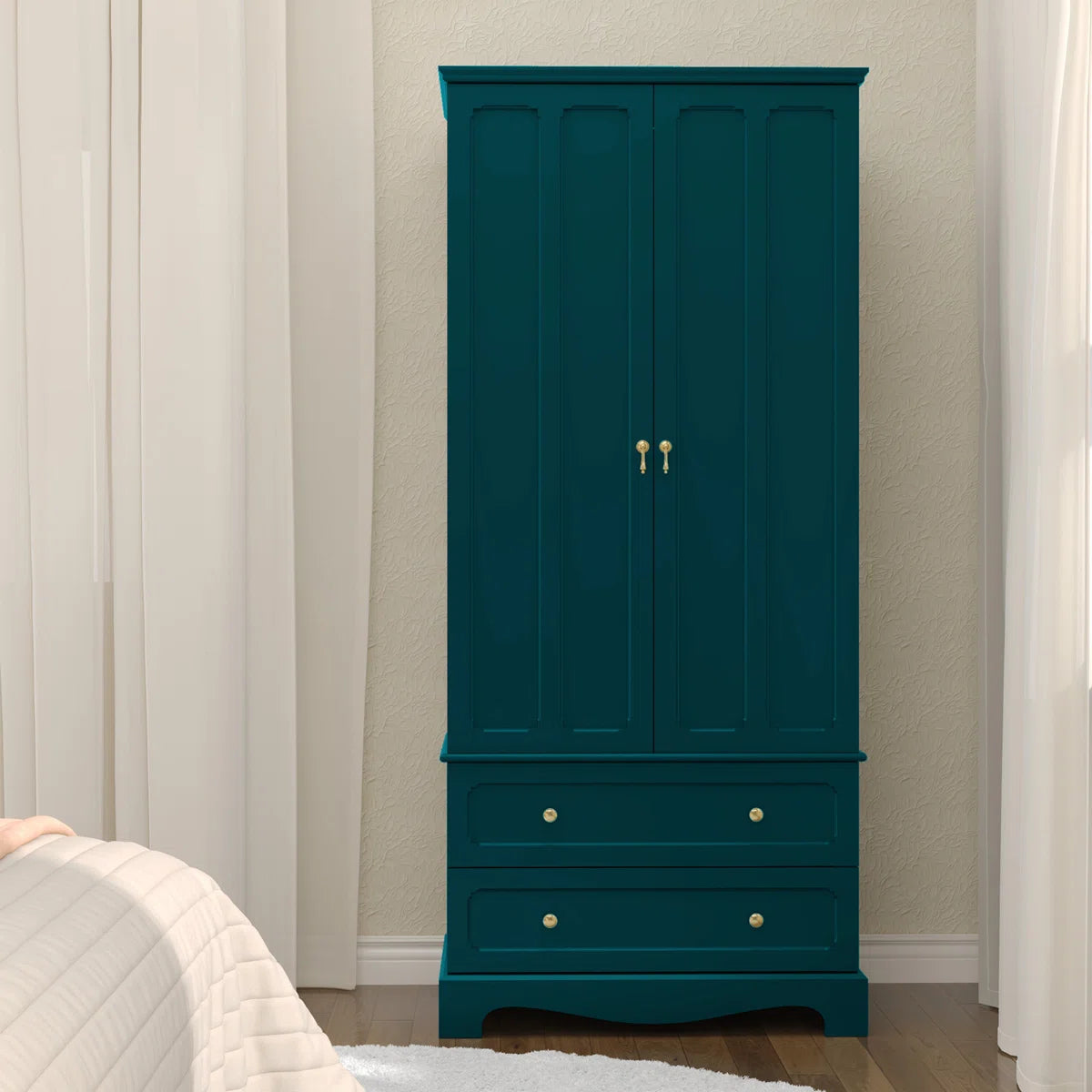 Elegant Wooden Wardrobe Armoire with 2 Drawers – Freestanding Design
