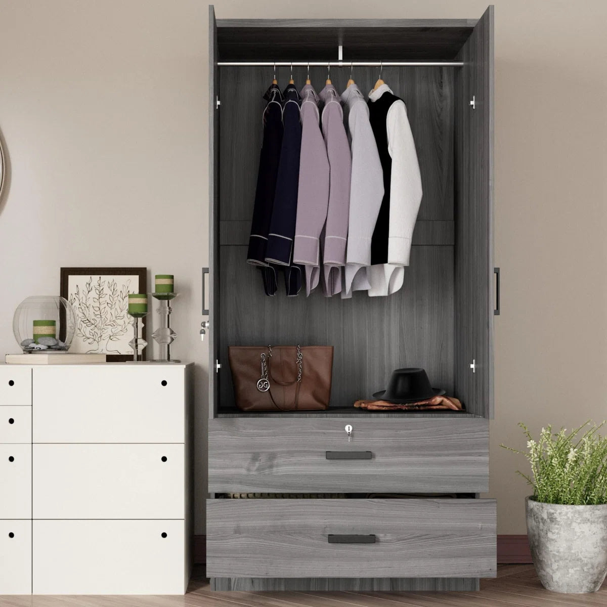 Stylish Scottie Armoire 2-Door Wardrobe with 2 Drawers for Bedroom