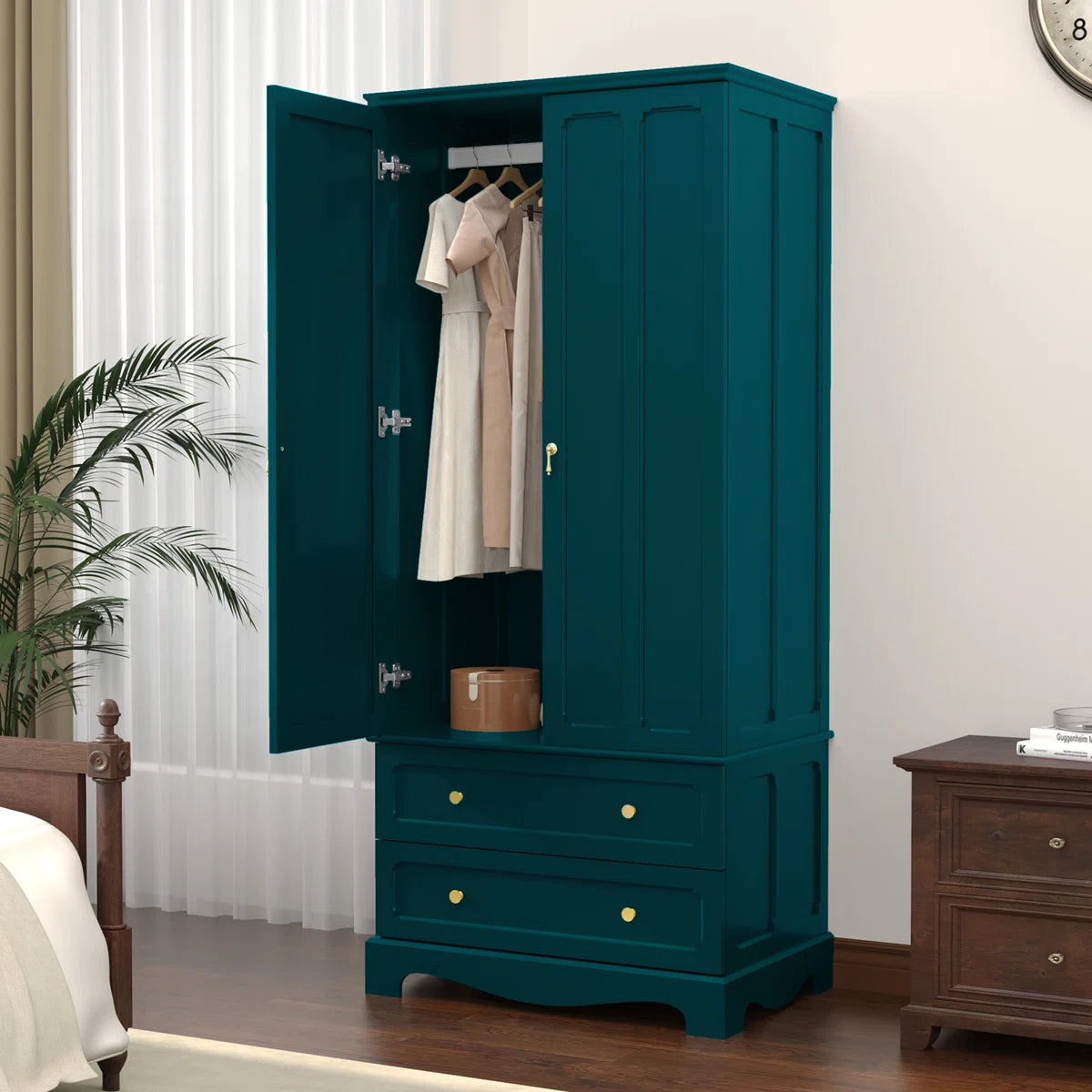 Elegant Wooden Wardrobe Armoire with 2 Drawers – Freestanding Design-OUCH CART | Wardrobe
