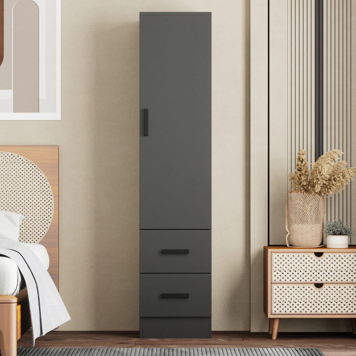 Wardrobe Armoire Closet 2 Drawers Solid Wood Reversible Door for Bedroom OUCH CART