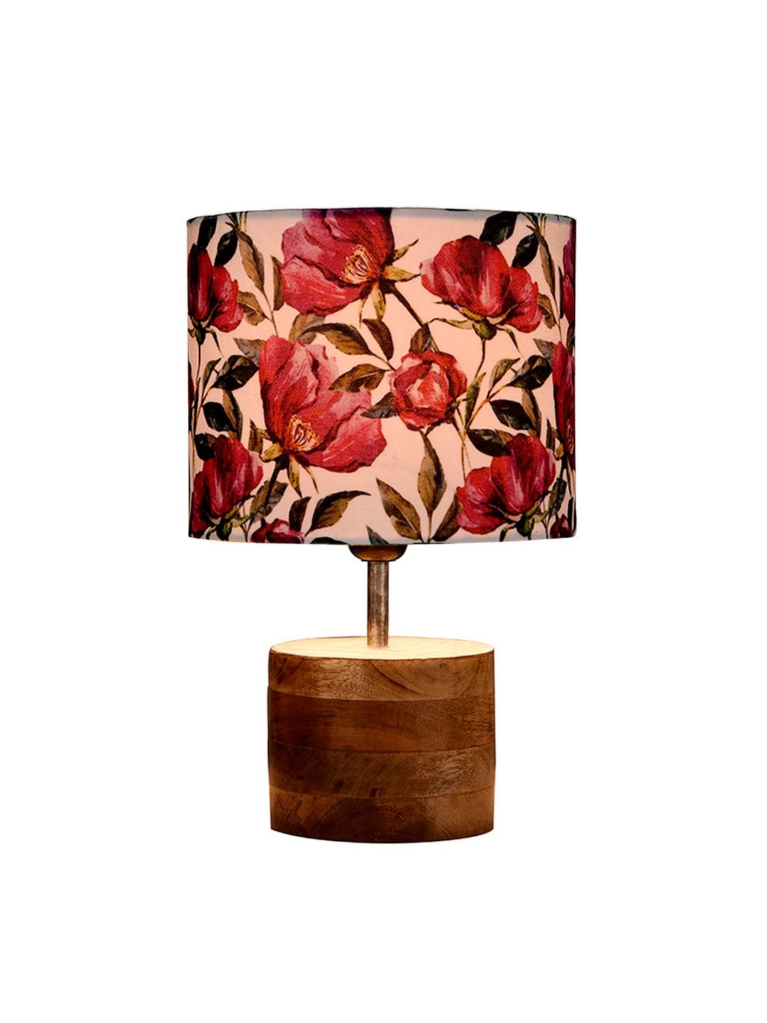 Wooden Brown Log Table Lamp with Pink Rose Shade