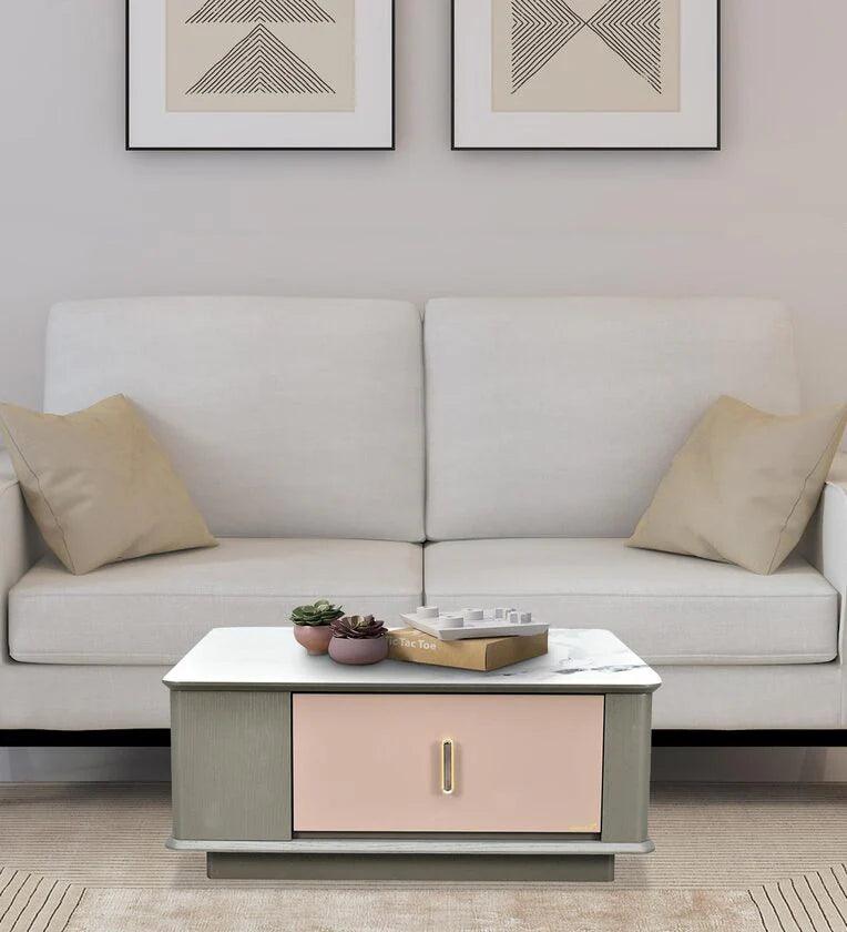 Marble Coffee Table in White And Grey Colour With Drawers - Ouch Cart
