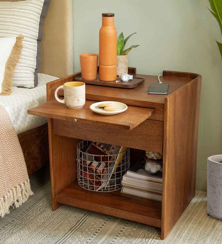Solid Wood Night Stand With Drawer In Brown Colour - Ouch Cart