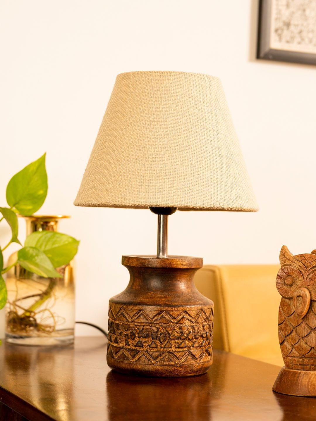 Wooden Carved Lamp with Taper Jute White Shade - Ouch Cart