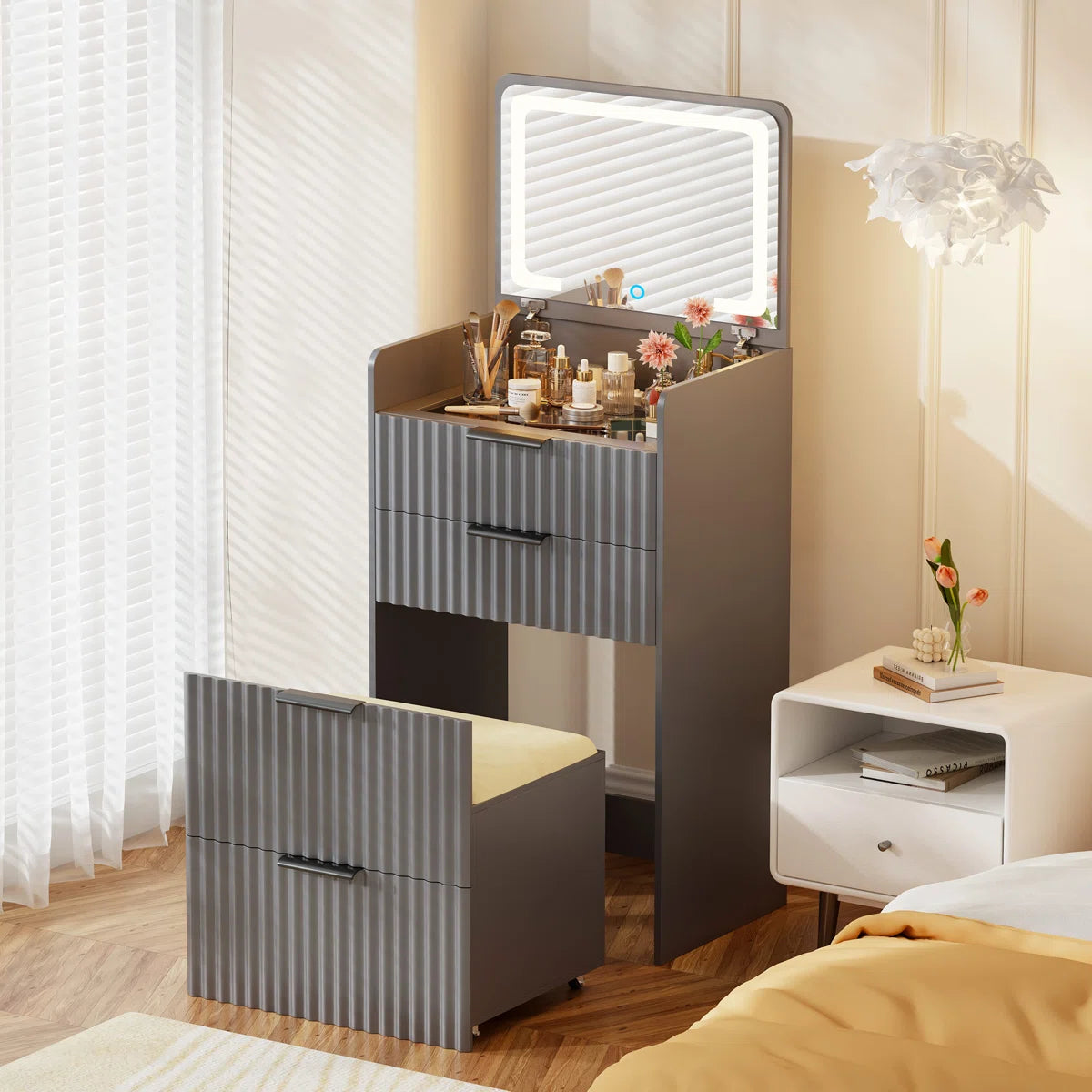 Makeup Vanity Desk with 2 Drawers, 1 Cabinet & Gold Legs