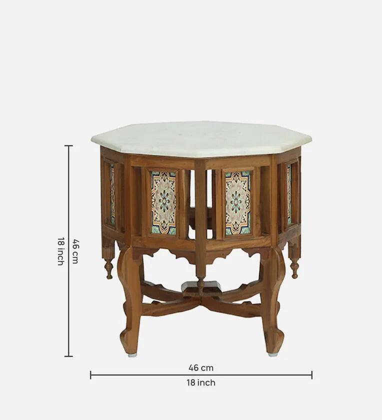 Teak Wood Coffee Table In Rustic Teak Finish With Marble Top - Ouch Cart