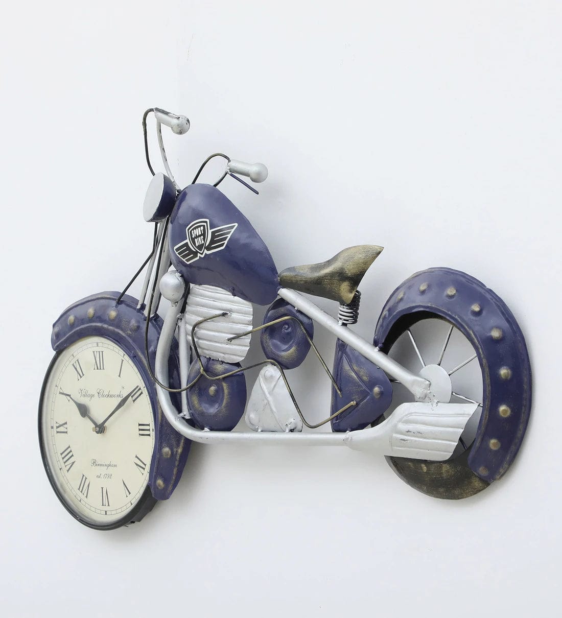Handmade Blue Metal Bullet Bilke Wall Hanging Clock,