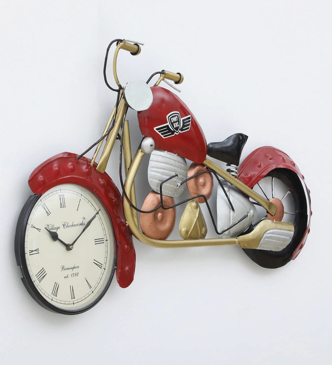 Handmade Maroon Metal Bullet Bilke Wall Hanging Clock,