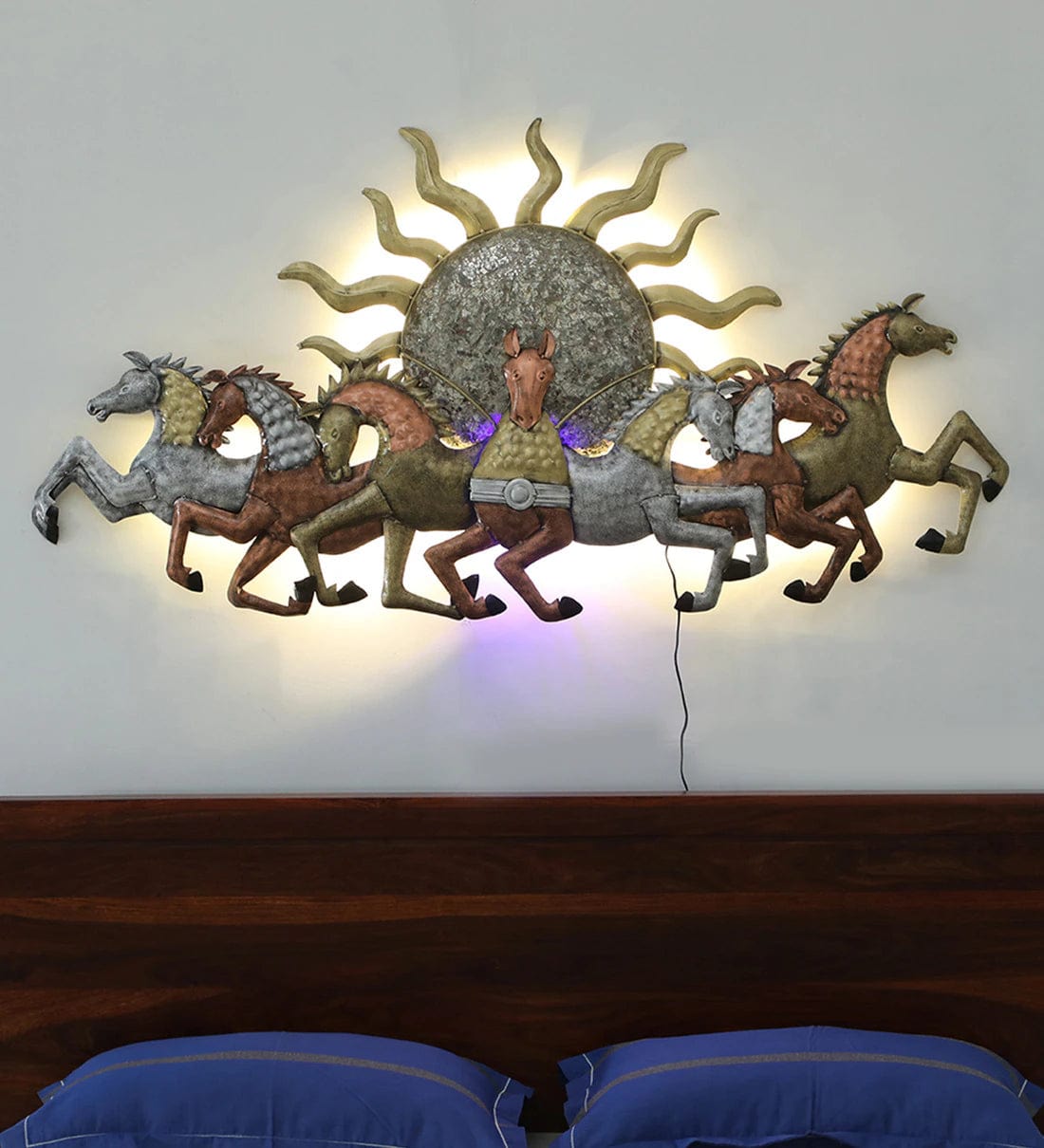 Multicolor Running Horses Metal Wall Art with LED Light,