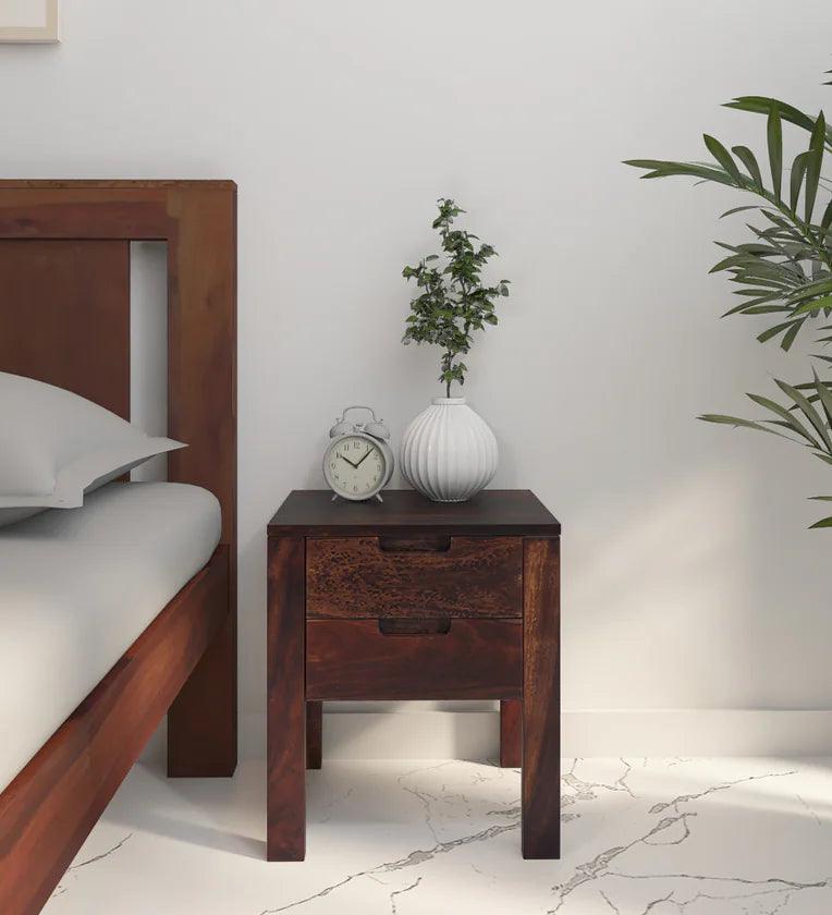 Sheesham Wood Bedside Table in Scratch Resistant Provincial Teak Finish With Drawers - Ouch Cart
