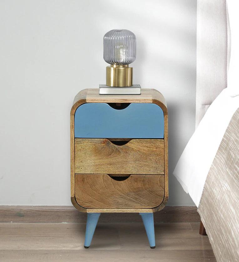 Solid Wood Bedside Table In Blue Colour With Drawers - Ouch Cart