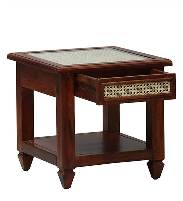 Sheesham Wood Bedside Table In Honey Oak & Cane Finish - Ouch Cart
