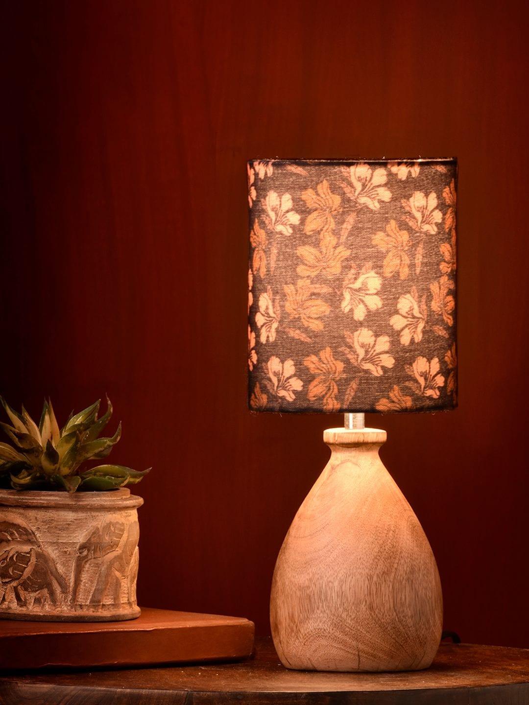 Wooden Dome Table Lamp Black Floral Shade - Ouch Cart