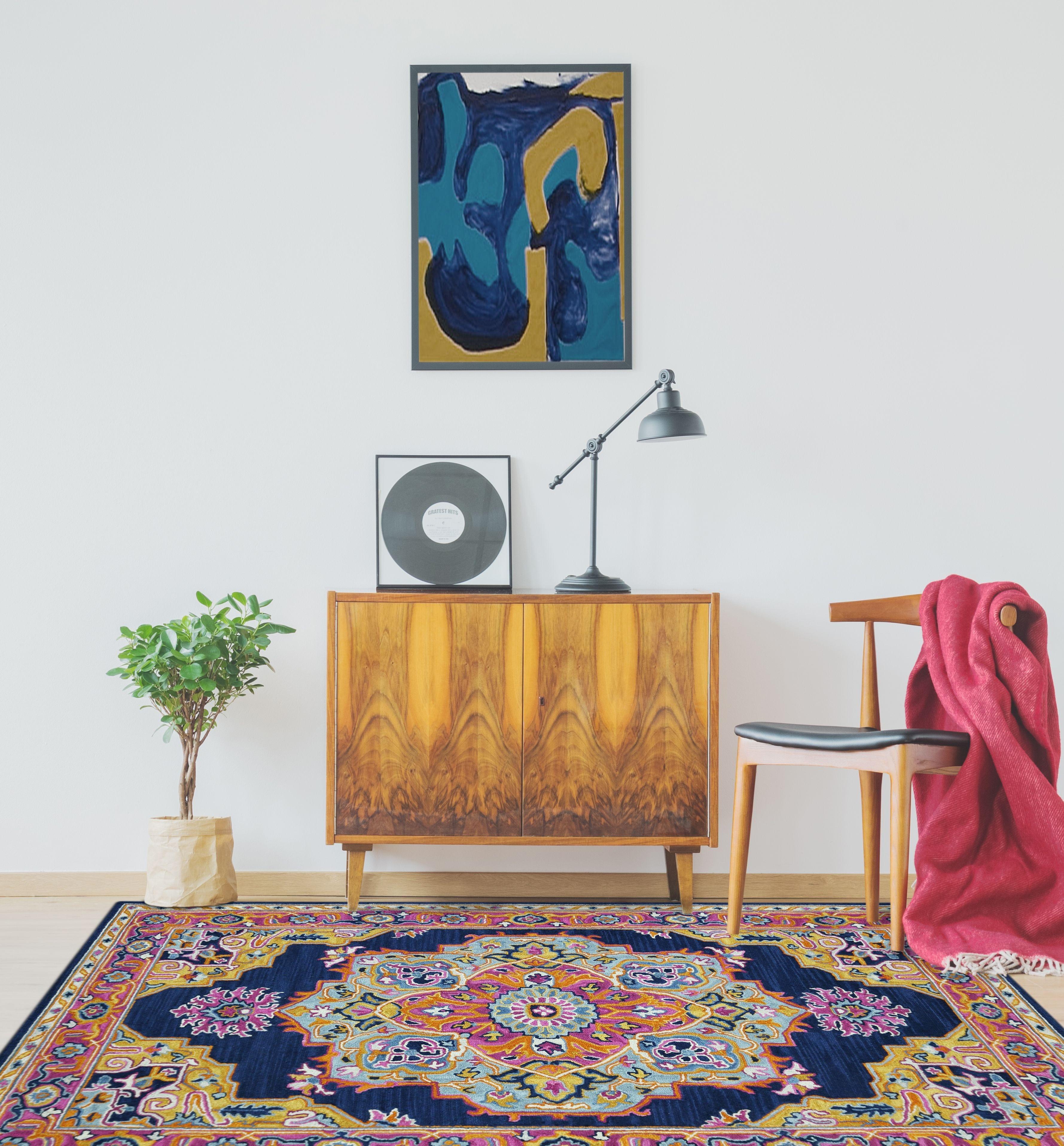 Navy Wool Boho 5x8 Feet Hand-Tufted Carpet - Rug - Ouch Cart