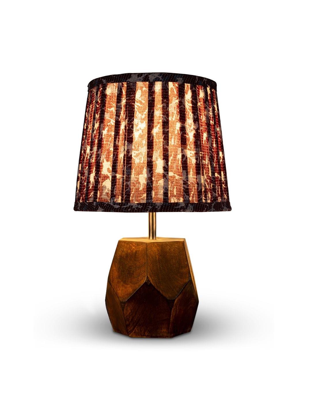 Wooden Hexa Lamp with Pleeted Multicolor Maroon Shade - Ouch Cart