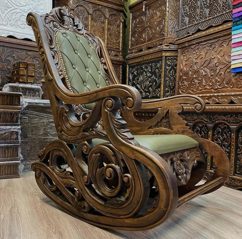 Draco Wooden Rocking Chair, Modern Lounge Chair, Hand Carved Walnut Wood Chair