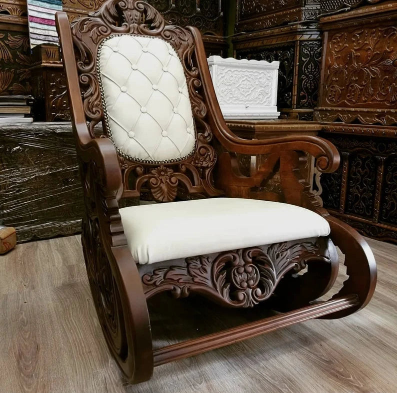 Draco Wooden Rocking Chair, Modern Lounge Chair, Hand Carved Walnut Wood Chair