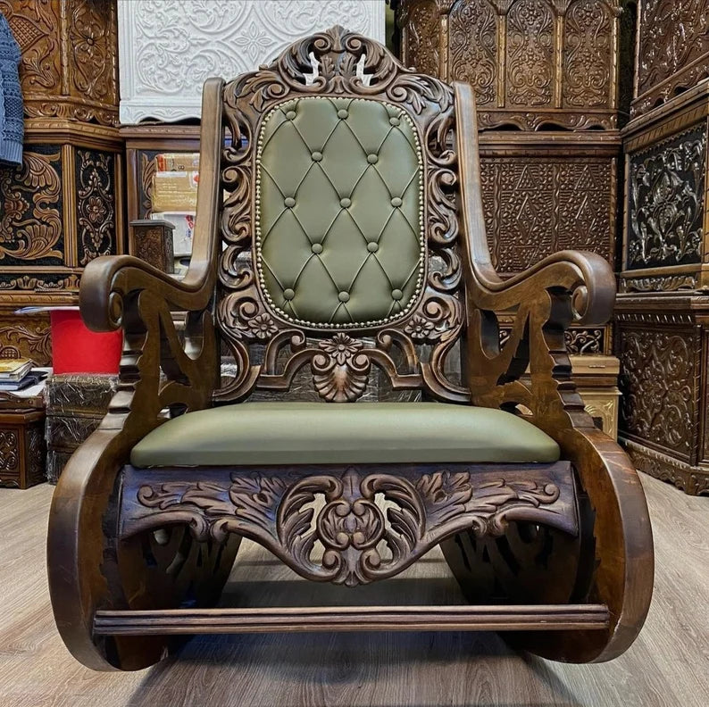 Draco Wooden Rocking Chair, Modern Lounge Chair, Hand Carved Walnut Wood Chair