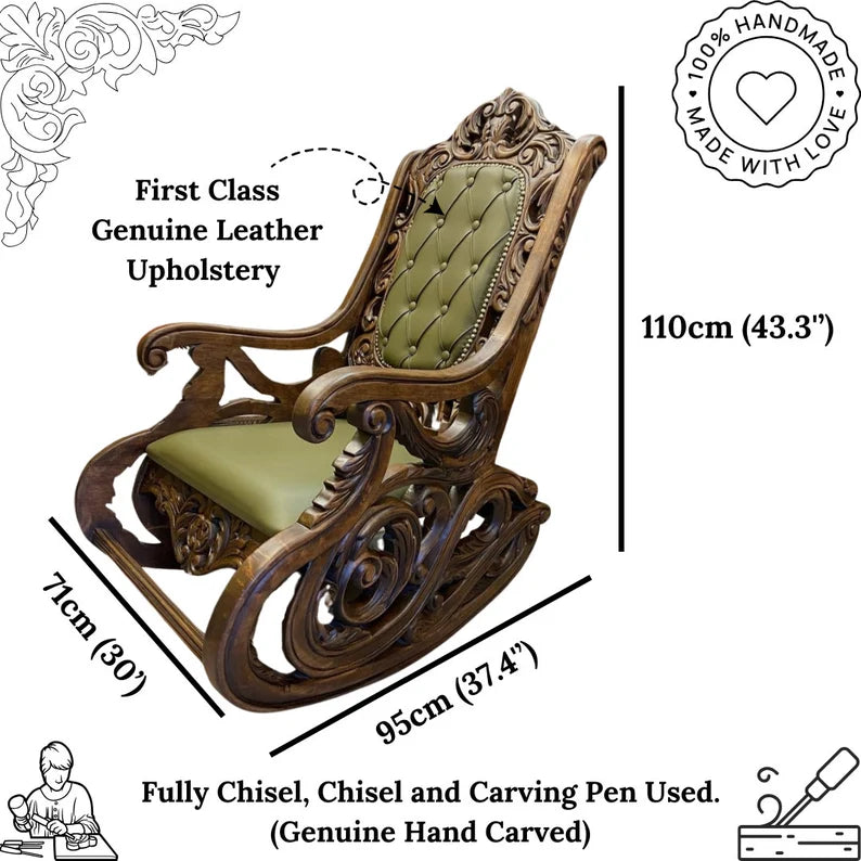 Draco Wooden Rocking Chair, Modern Lounge Chair, Hand Carved Walnut Wood Chair