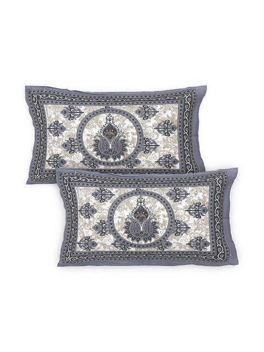 Jaipuri Print Cotton Bedsheet with 2 Pillow Covers | 144 Thread Count Flat Sheet | Summer Bedding for Adults OUCH CART