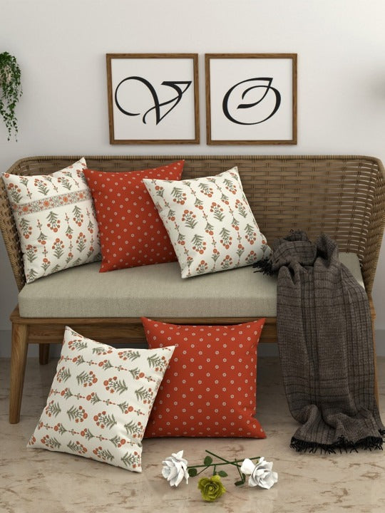 Mix & Match Cushion Cover Set of 5, 16 x 16 Inch, Cotton Blend, Botanical Print for Sofa & Living Room