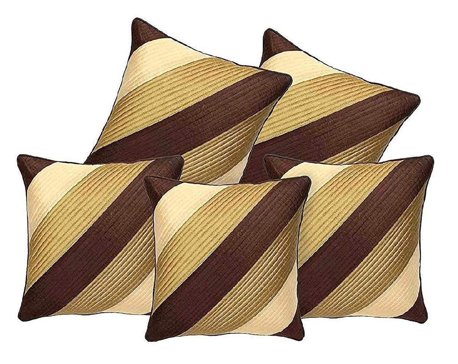 Classic Brown & Gold Silk Cushion Covers 16 x 16 Inch, Striped Design, Set of 5