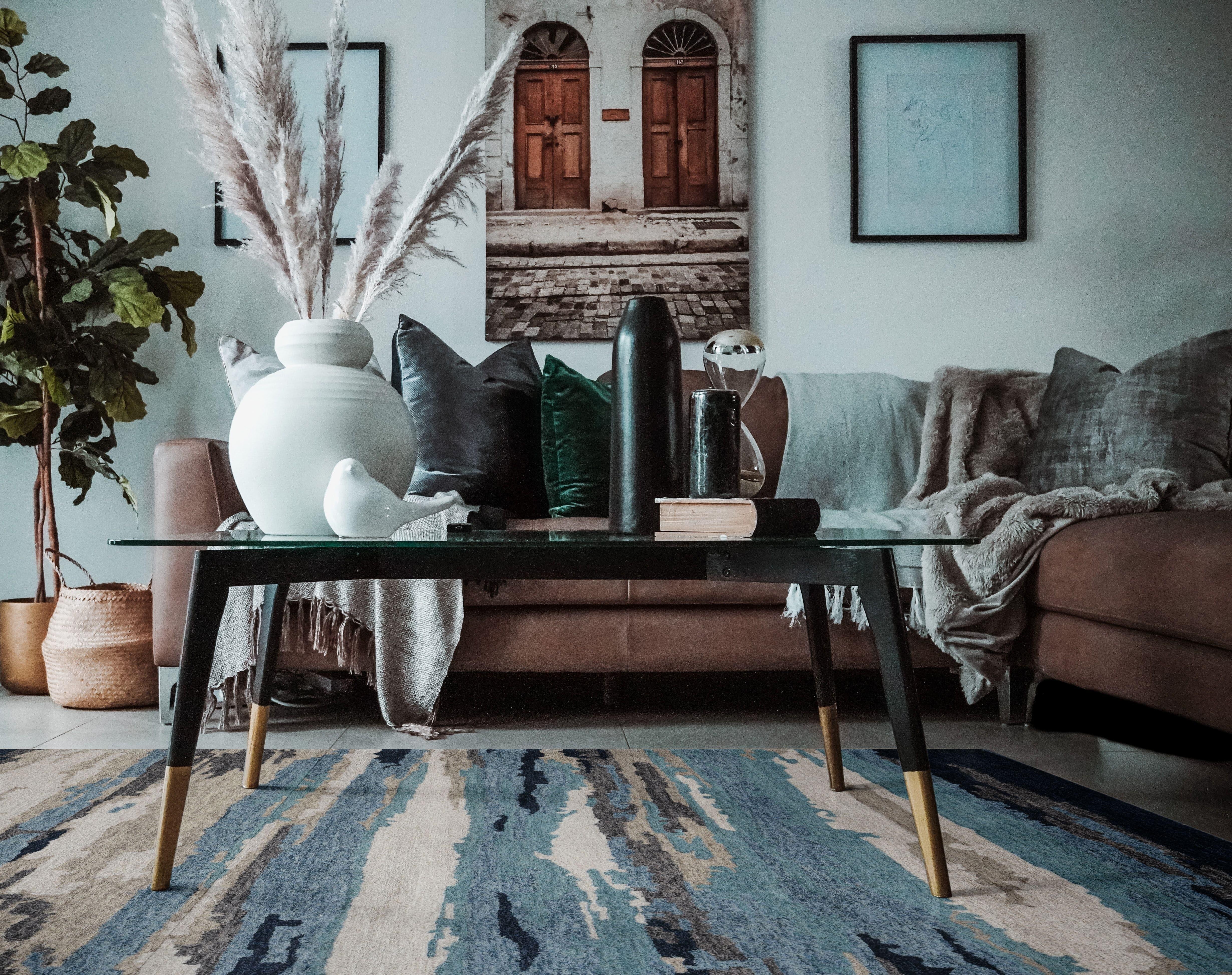 Abstract Blue Wool & Viscose Hand-Tufted Carpet Rug 5x8 Feet - Ouch Cart