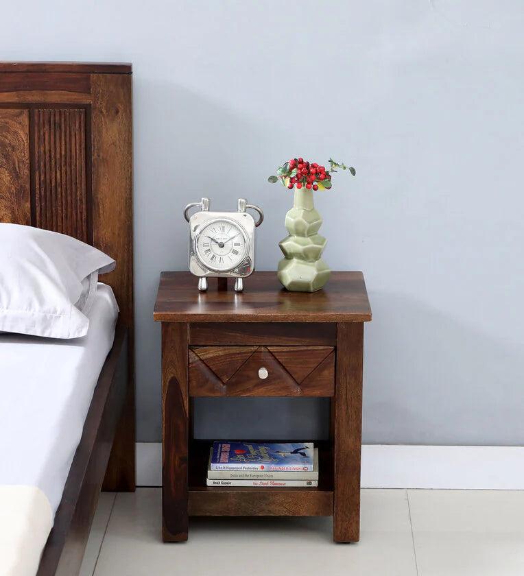 Sheesham Wood Bedside Table in Scratch Resistant Provincial Teak Finish With Drawer - Ouch Cart
