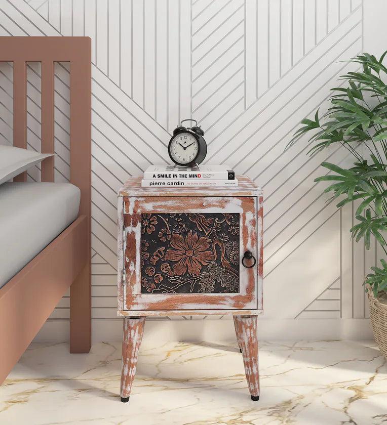 Solid Wood Bedside Table In White Distress Finish - Ouch Cart