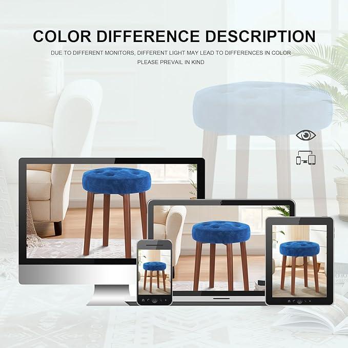 Round Makeup Vanity Stool Side Table, Vanity Chair Ottoman Rest Footstool Footrest Stool with Sturdy Wooden Legs for Makeup Room, Living Room, Bedroom-Blue - Ouch Cart