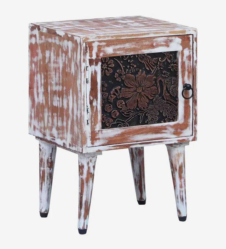 Solid Wood Bedside Table In White Distress Finish - Ouch Cart
