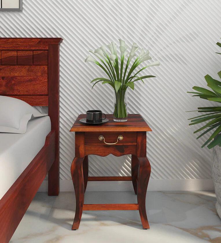 Sheesham Wood Bedside Table In Honey Oak Finish With Drawer - Ouch Cart