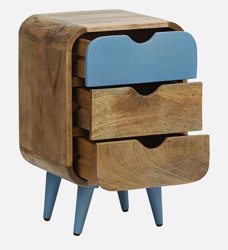 Solid Wood Bedside Table In Blue Colour With Drawers - Ouch Cart