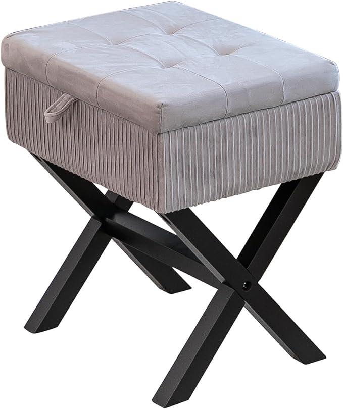 Upholstered Stool with Storage Perfect Vanity Chair for Small Rooms and Makeup Room Decor Versatile Wooden Stool Chair (Storage,Velvet Grey) - Ouch Cart