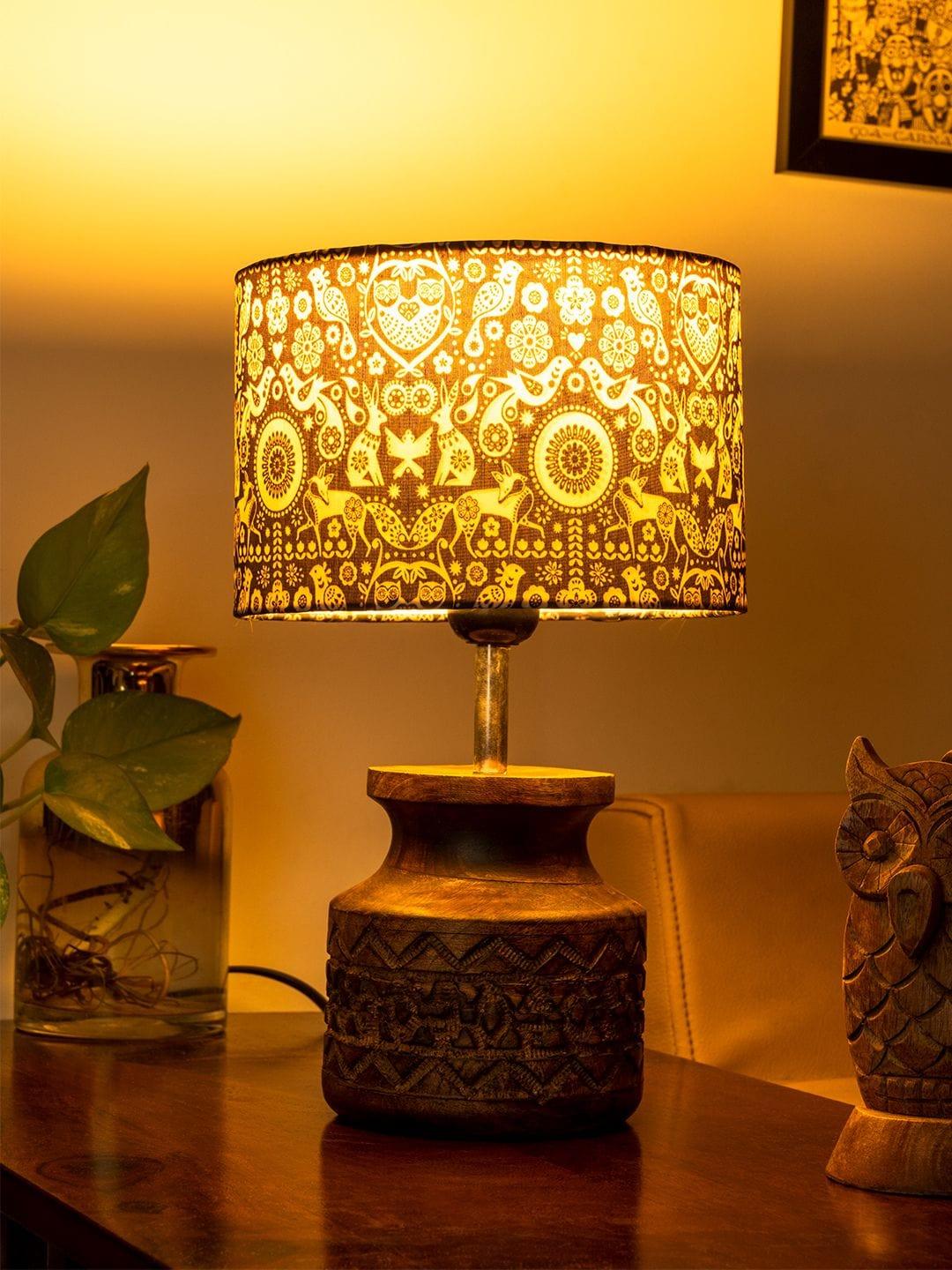 Wooden Carved Lamp with Indian Art Multicolor Shade - Ouch Cart