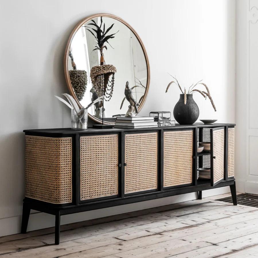 MANGO WOOD & RATTAN SIDEBOARD BLACK - Ouch Cart