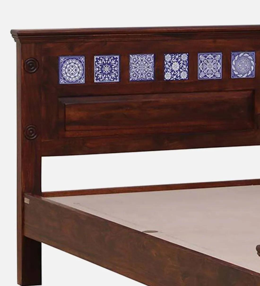 Sheesham Wood King Size Bed In Scratch Resistant Honey Oak Finish with Tiles on Footrest - Ouch Cart