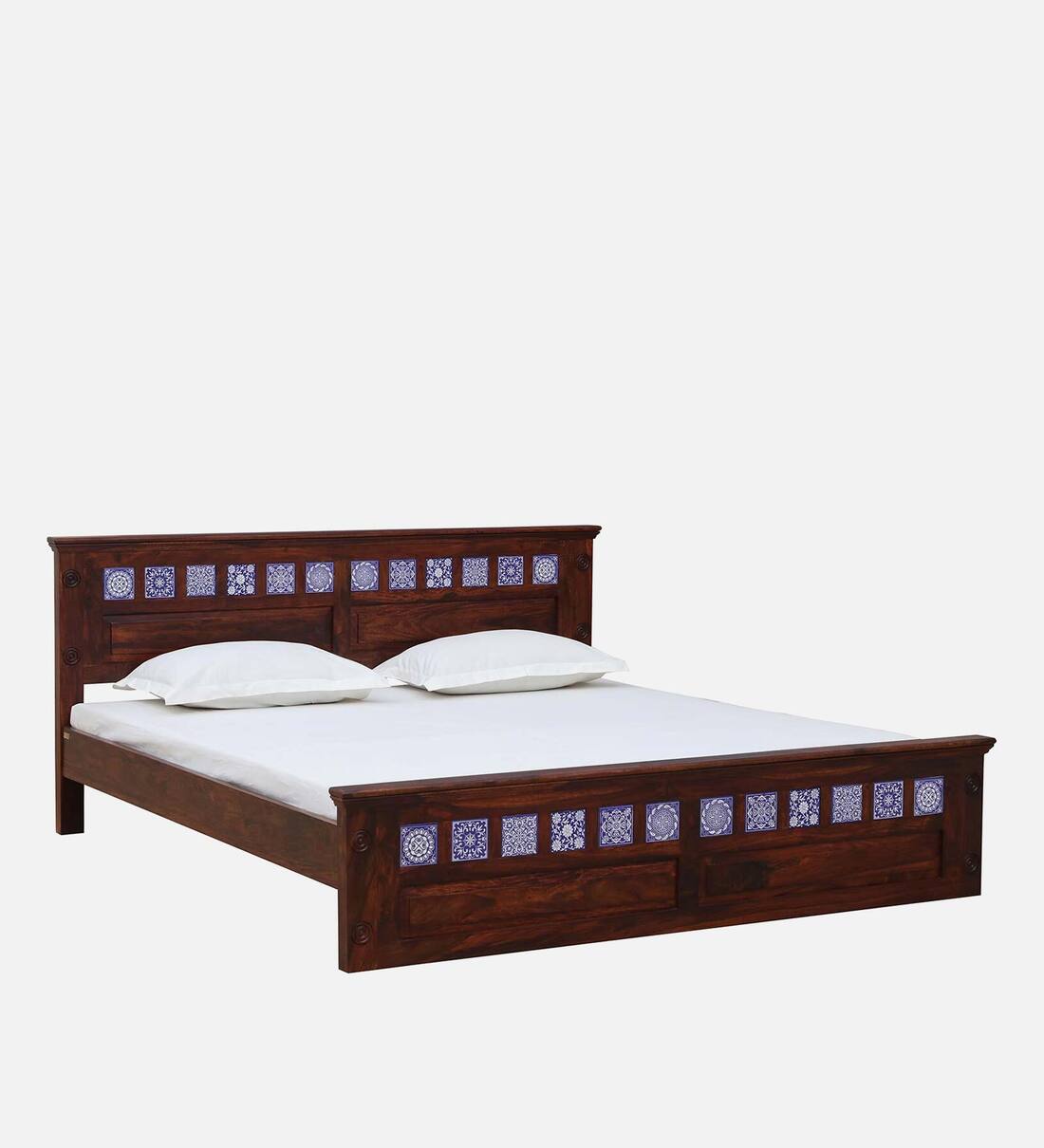 Sheesham Wood King Size Bed In Scratch Resistant Honey Oak Finish with Tiles on Footrest