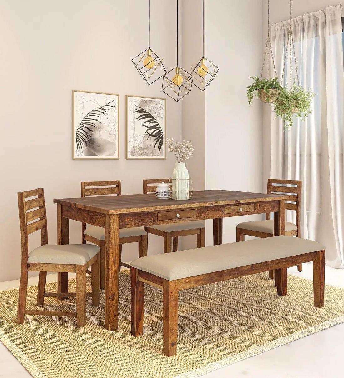 Kentan Sheesham Wood 6 Seater Dining Set In Rustic Teak With Bench- Ouch Cart