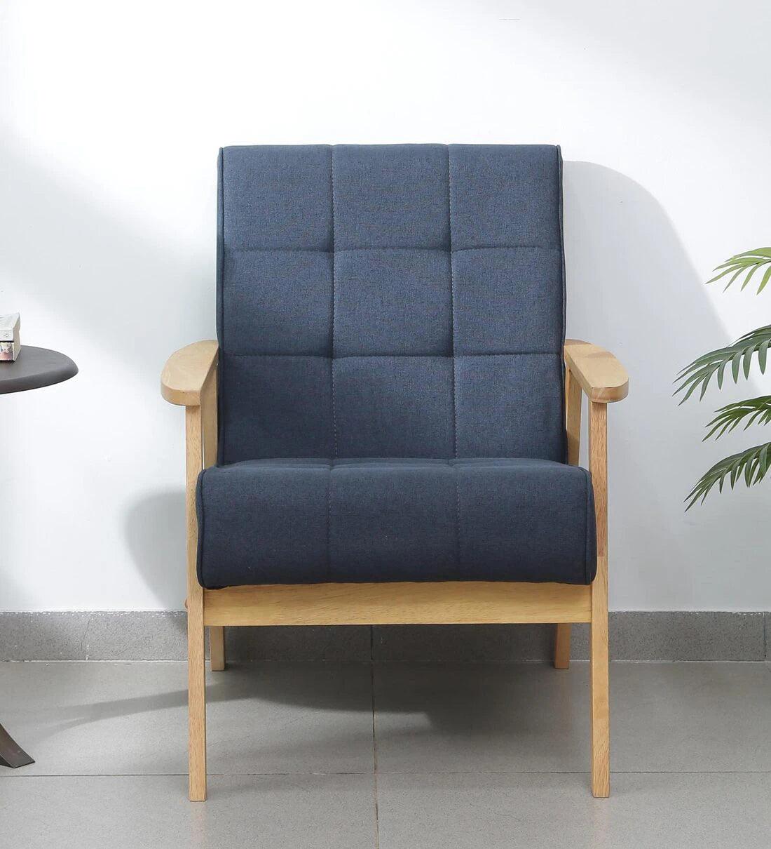 Solid Wood 1 Seater Sofa in Natural & Navy Finish - Ouch Cart