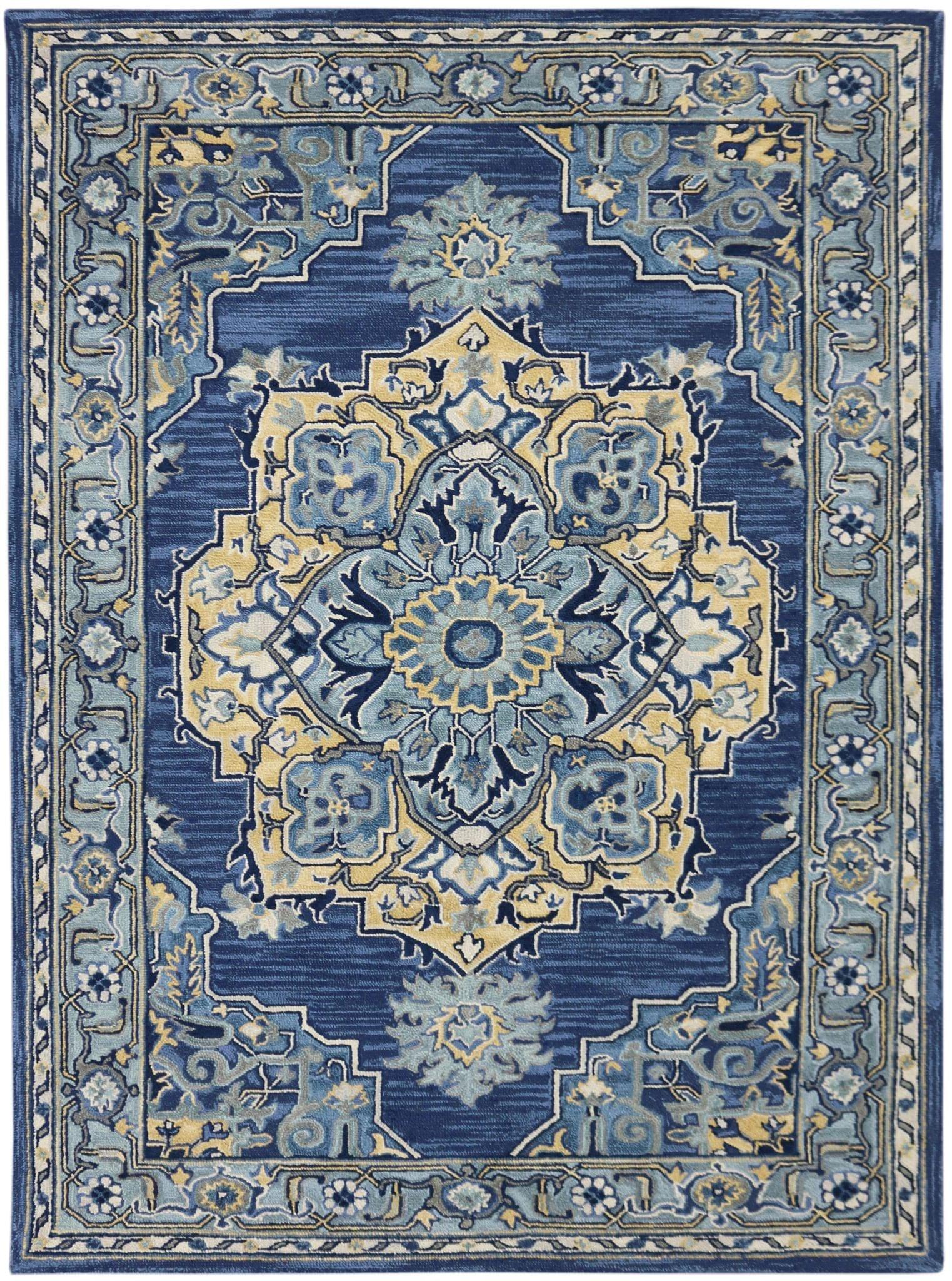 STEEL BLUE Wool Boho 5X8 Feet Hand-Tufted Carpet - Rug - Ouch Cart