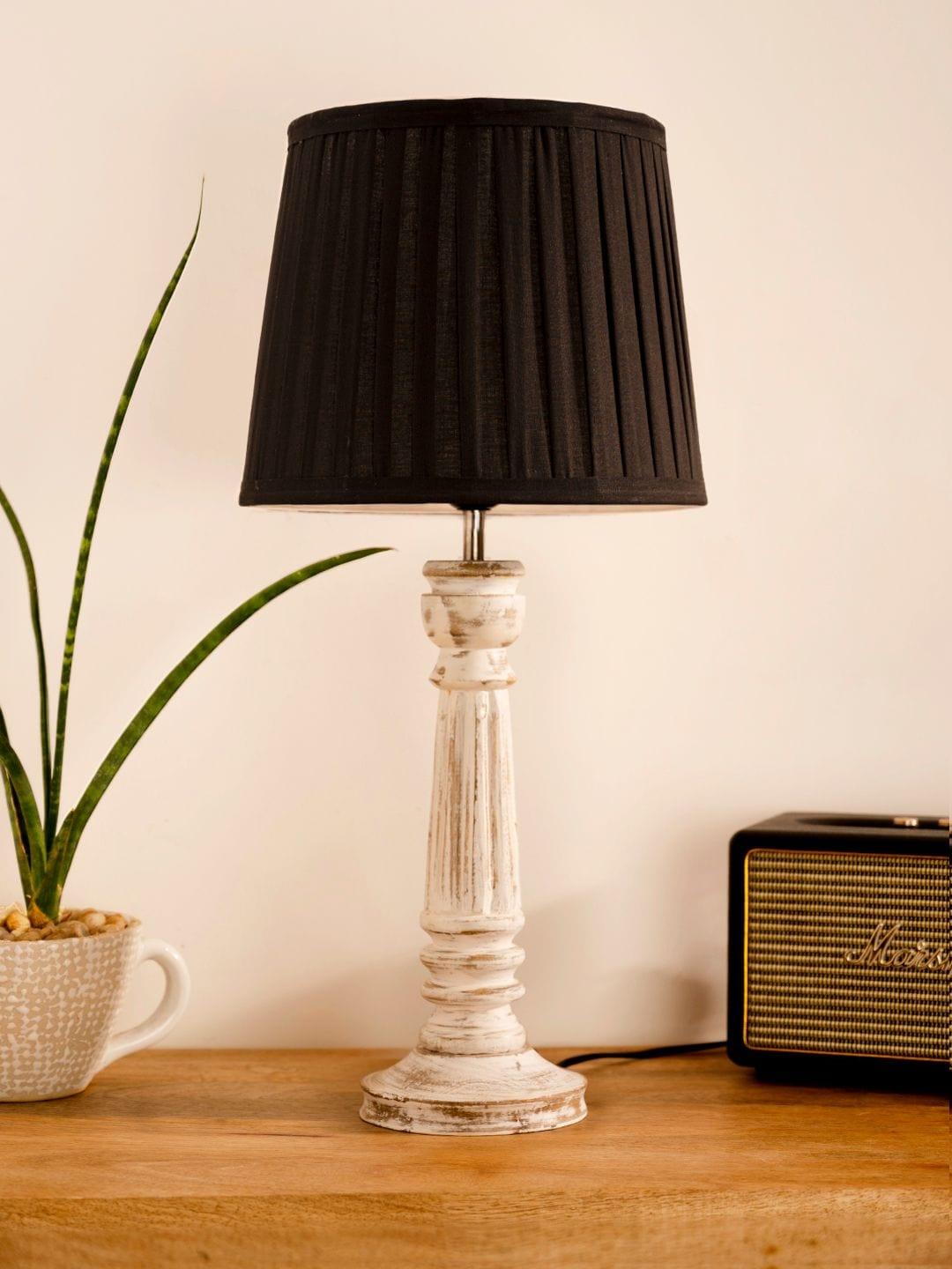 Wooden Pillar White lamp with pleeted Black Soft Shade - Ouch Cart