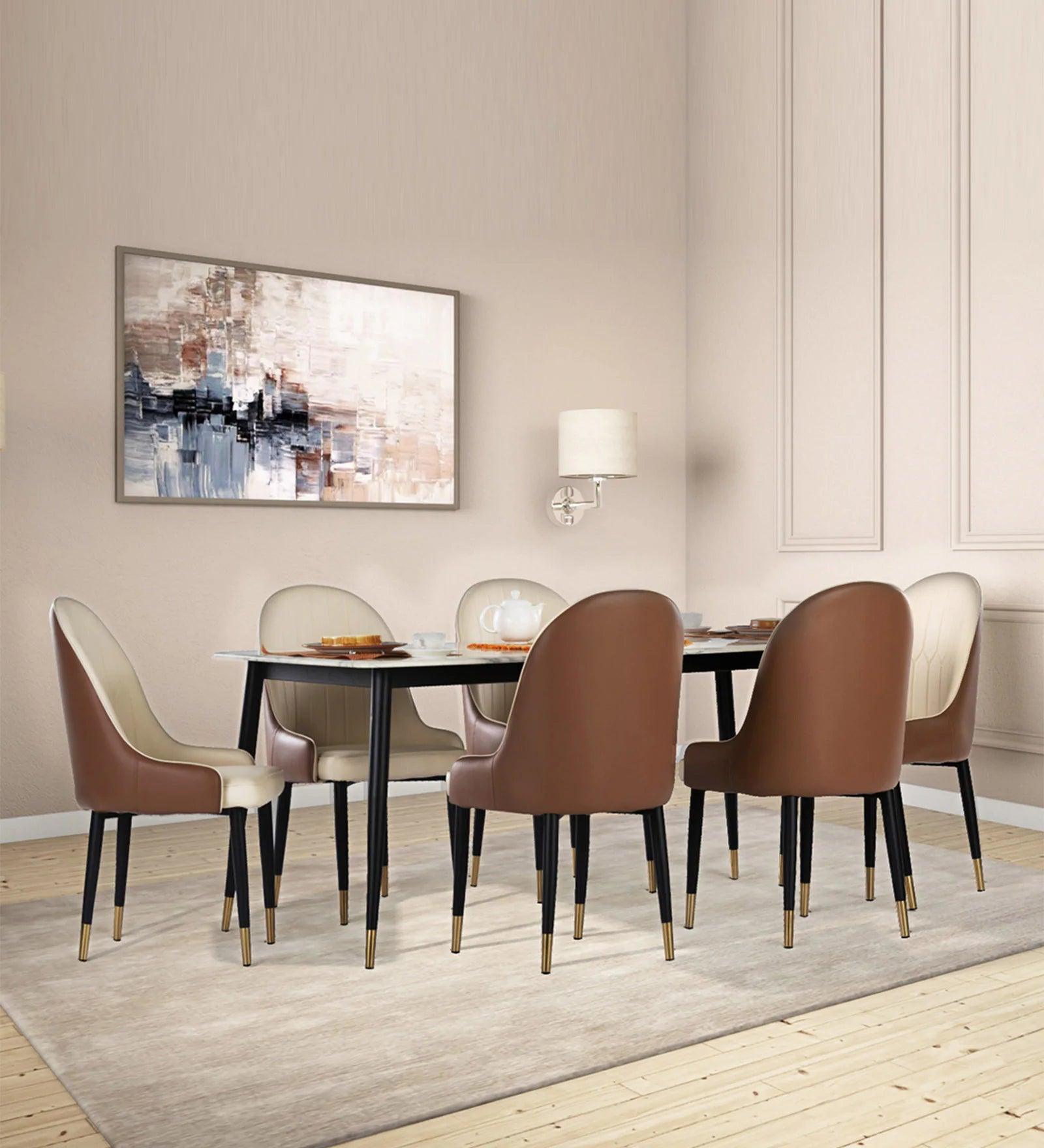 Marble 6 Seater Dining Set in White Pearl & Cream Beige Colour - Ouch Cart