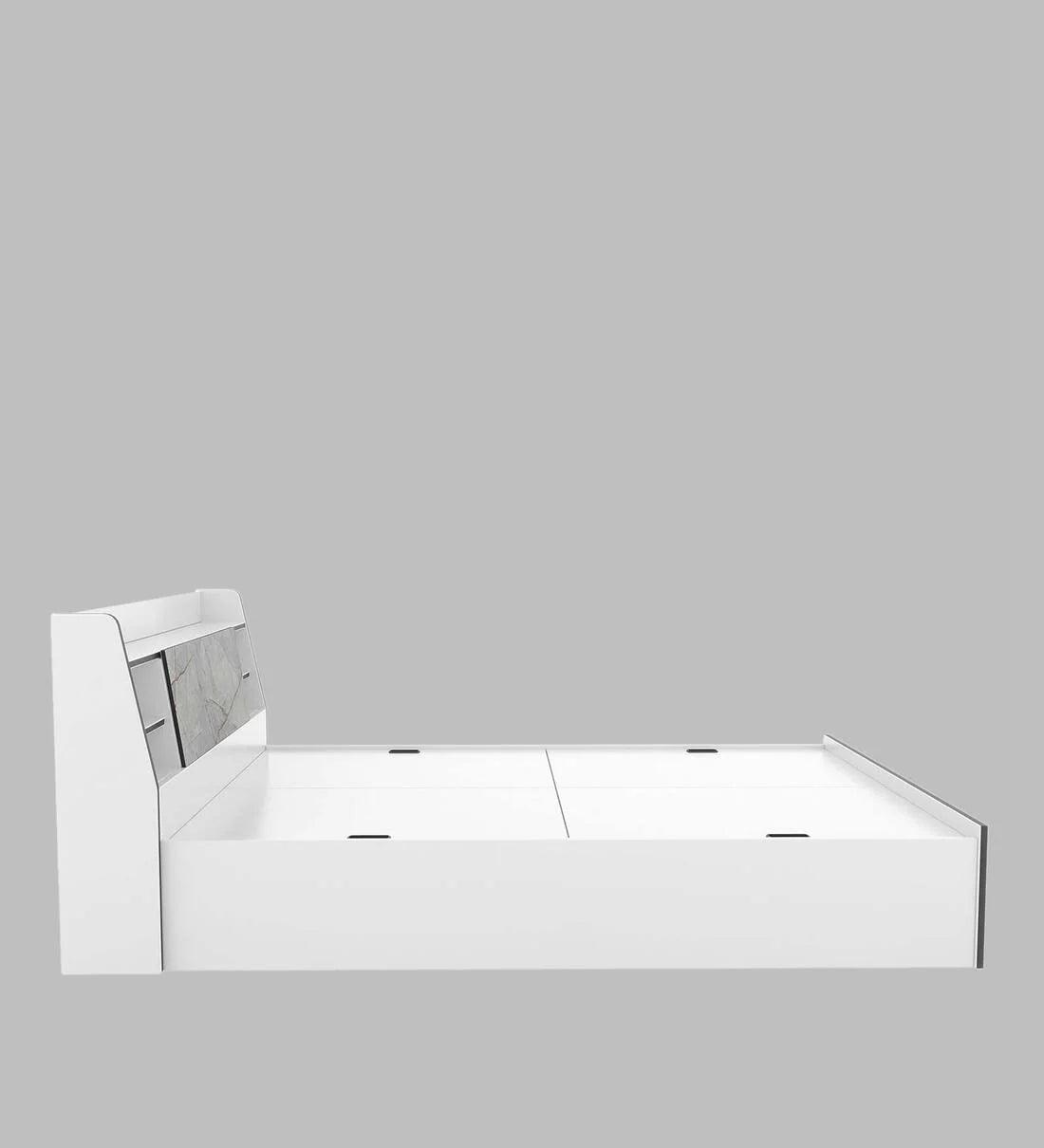 King Size Bed in White Finish with Box Storage - Ouch Cart
