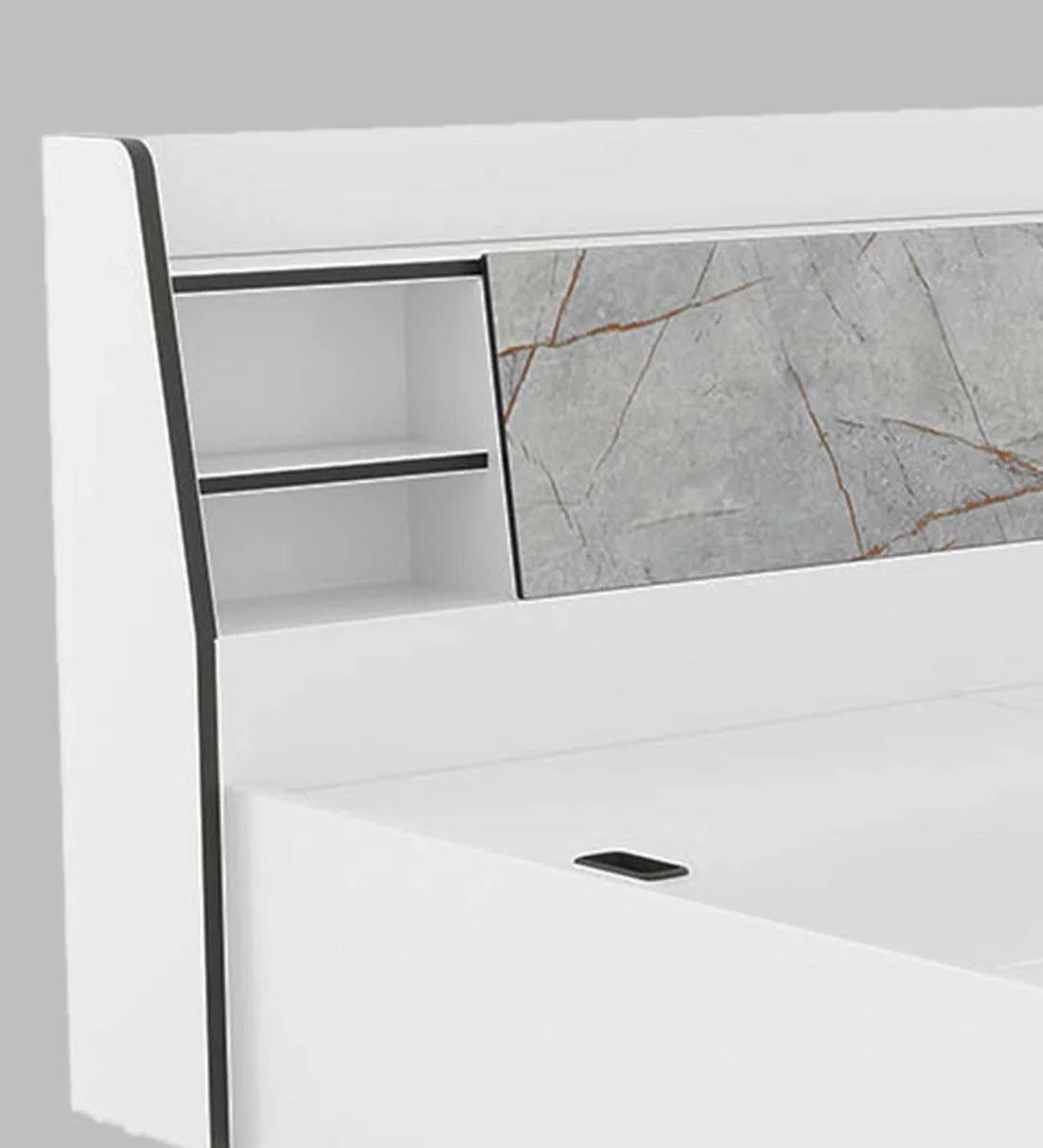 King Size Bed in White Finish with Box Storage - Ouch Cart