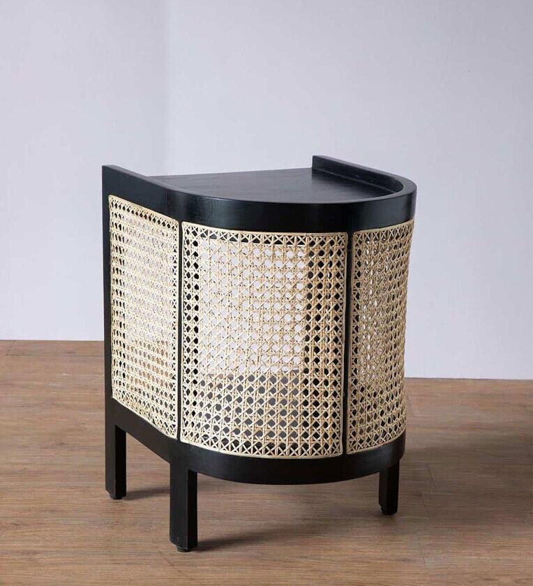 Wicker Solid Wood Bedside Table In Black Finish - Ouch Cart
