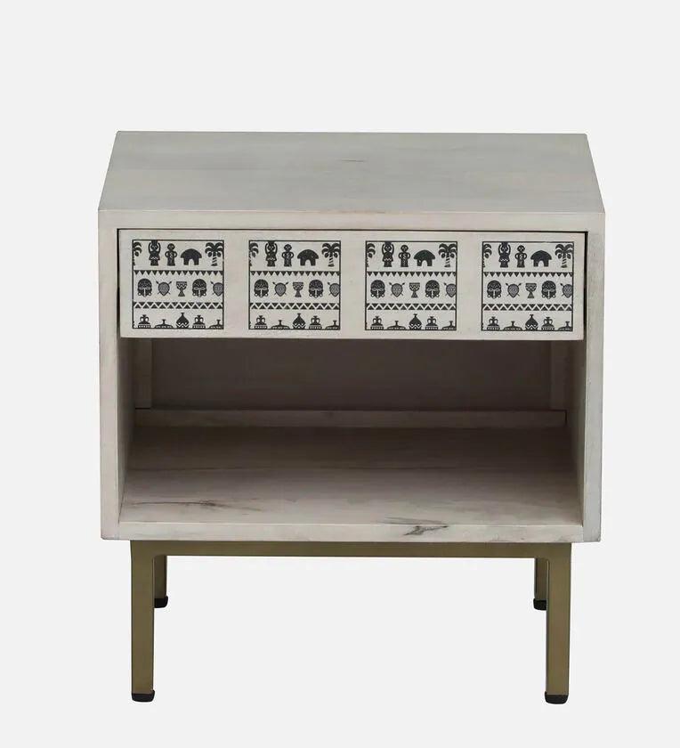 Solid Wood Bedside Table In Whitewash Finish With Drawer - Ouch Cart